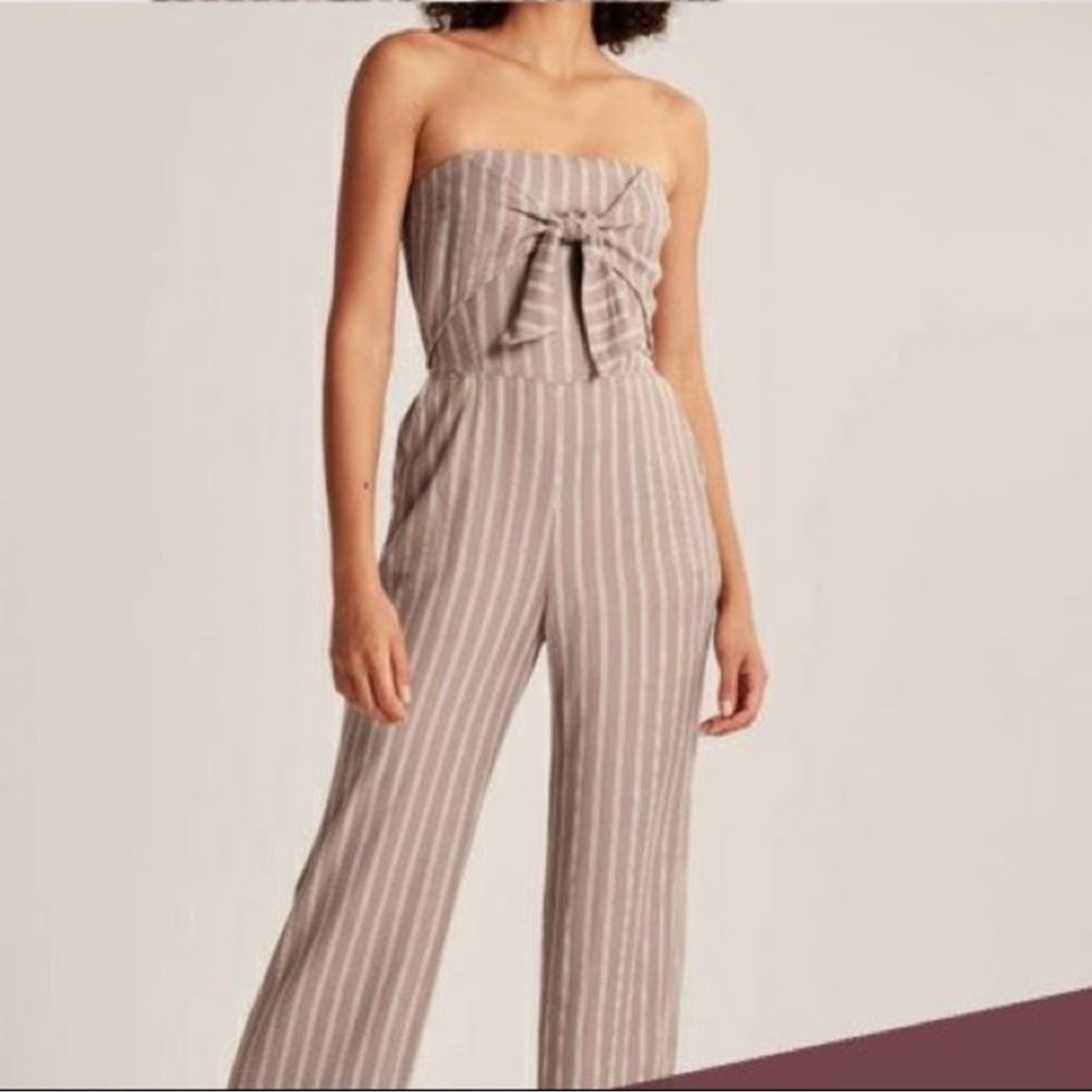 Abercombie & Fitch Linen Striped Strapless Bow Tie Front Jumpsuit Wide Leg